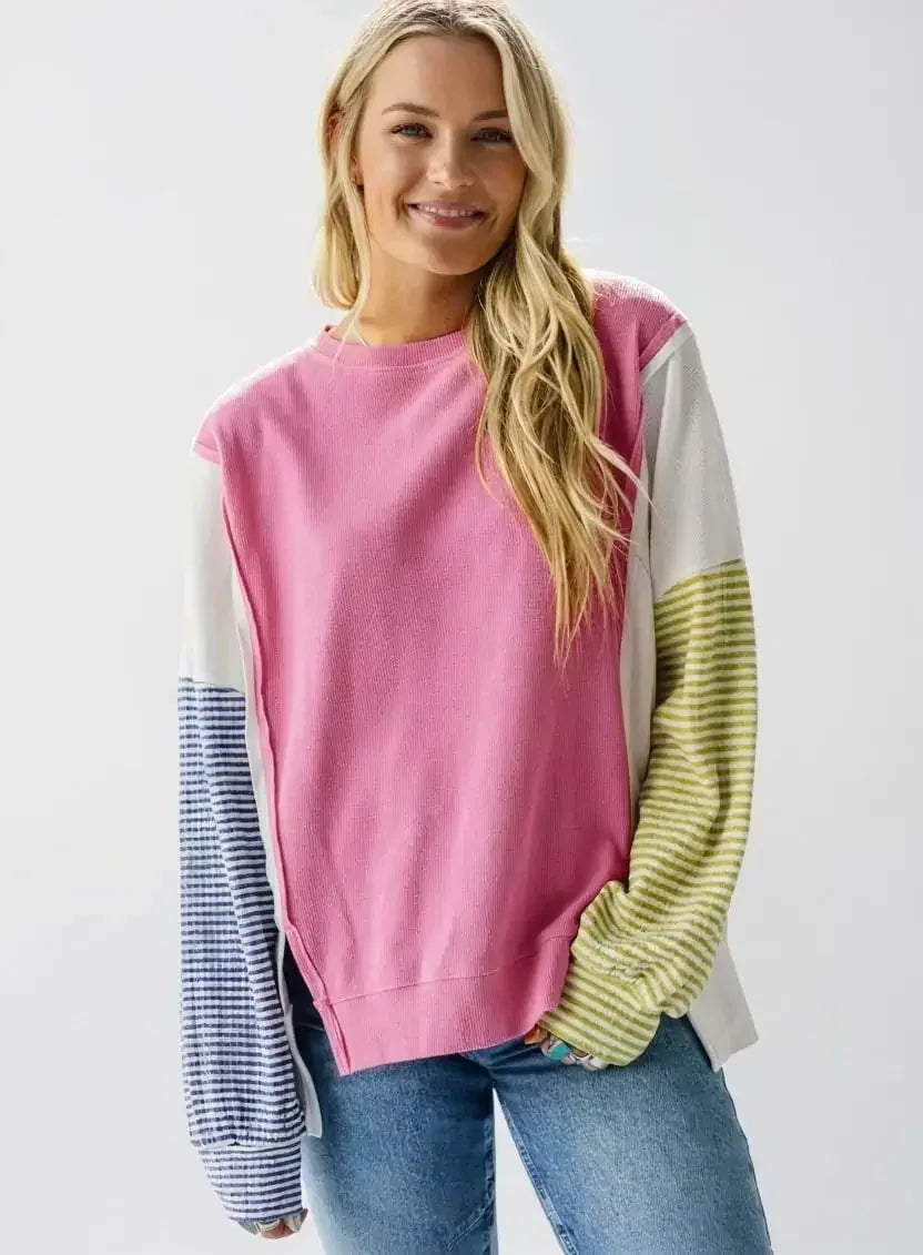 Exposed Seam Contrast Long Sleeve Sweatshirt - DAVERRI FASHIONS