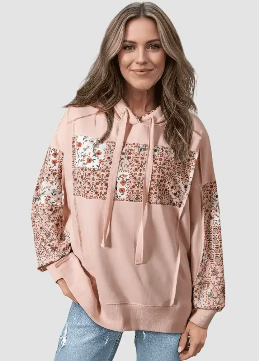 Floral Print Drawstring Long Sleeve Hoodie - DAVERRI FASHIONS