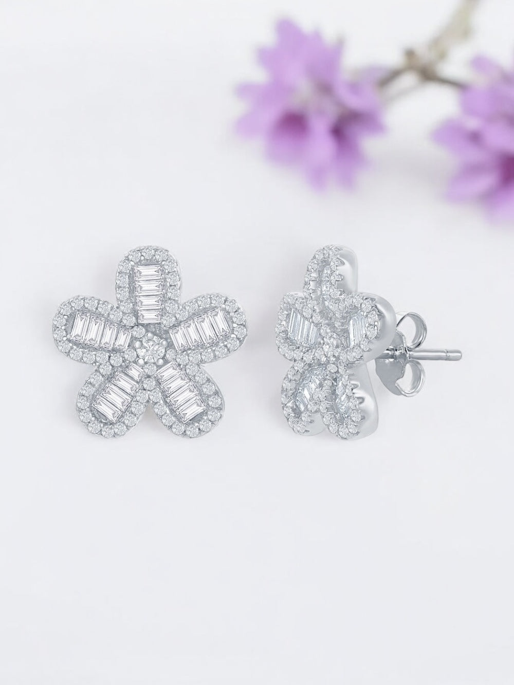 Sterling Silver Baguette CZ Flower Stud Earrings Earrings