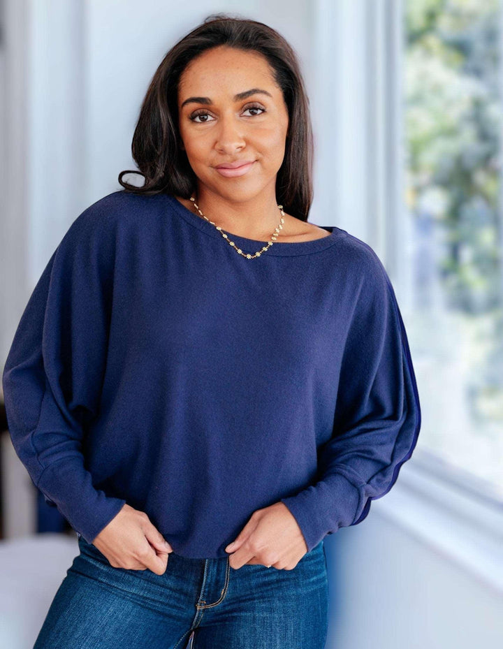 Batwing Sleeve Boatneck Top in Navy Shirts & Tops