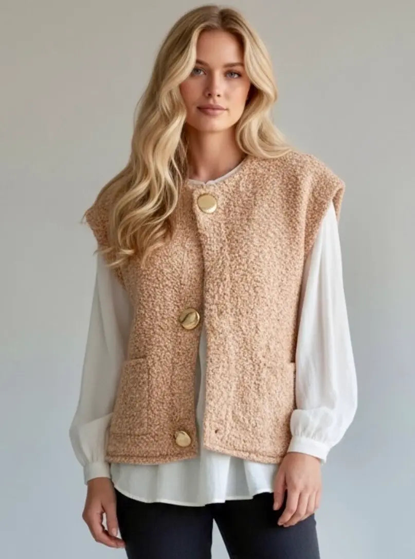 Daverri Fleece Button-Down Vest Coat in beige fuzzy fabric with gold buttons and pockets
