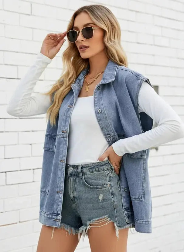 Light-wash Daverri sleeveless button-down denim vest with frayed hem