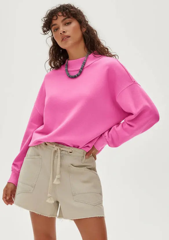 Vibrant pink Daverri exposed seam dropped shoulder sweatshirt with oversized long sleeves and high neckline