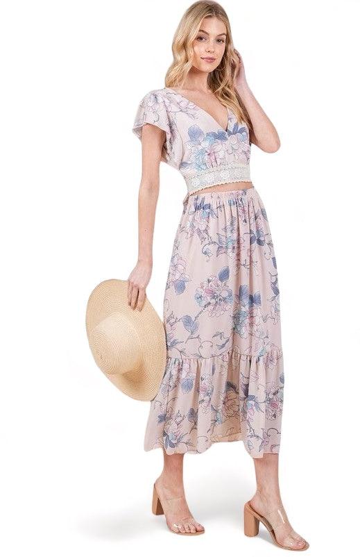 Floral Print Skirt Set with Tie Back Blouse Skirt Sets