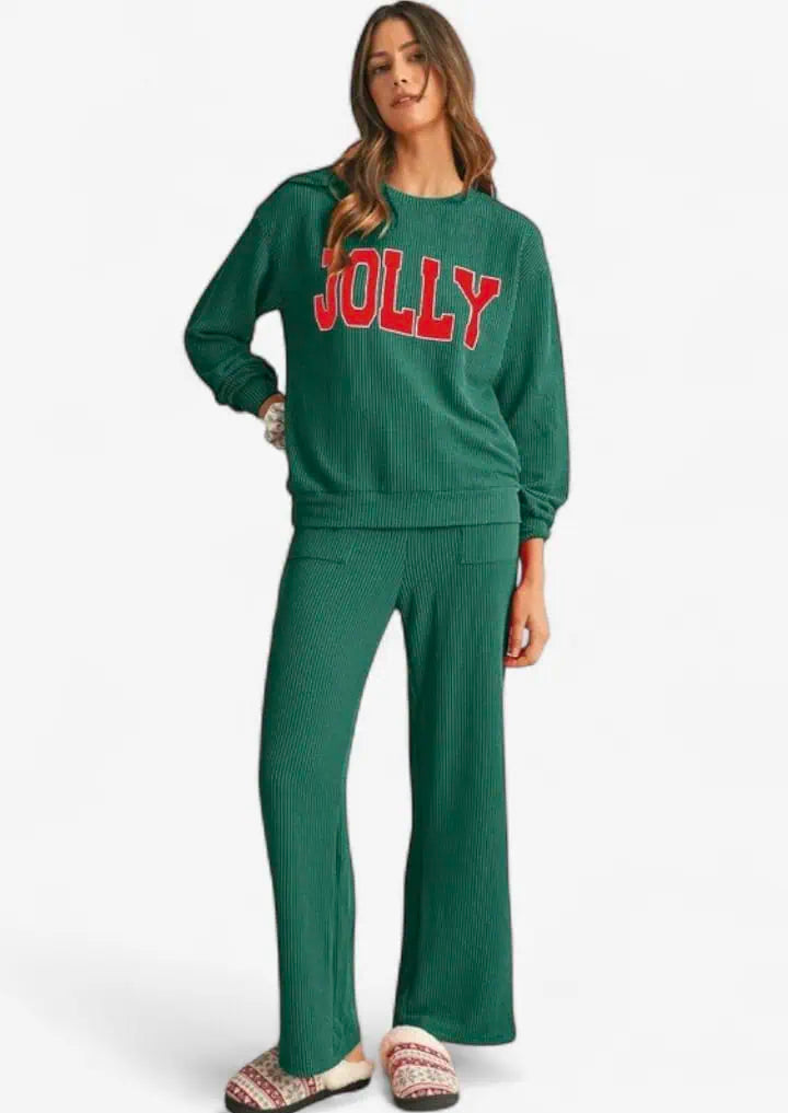Crinkle Rib JOLLY Pattern Top and Pockets Pants Set | Loungewear Sets Daverri Fashions