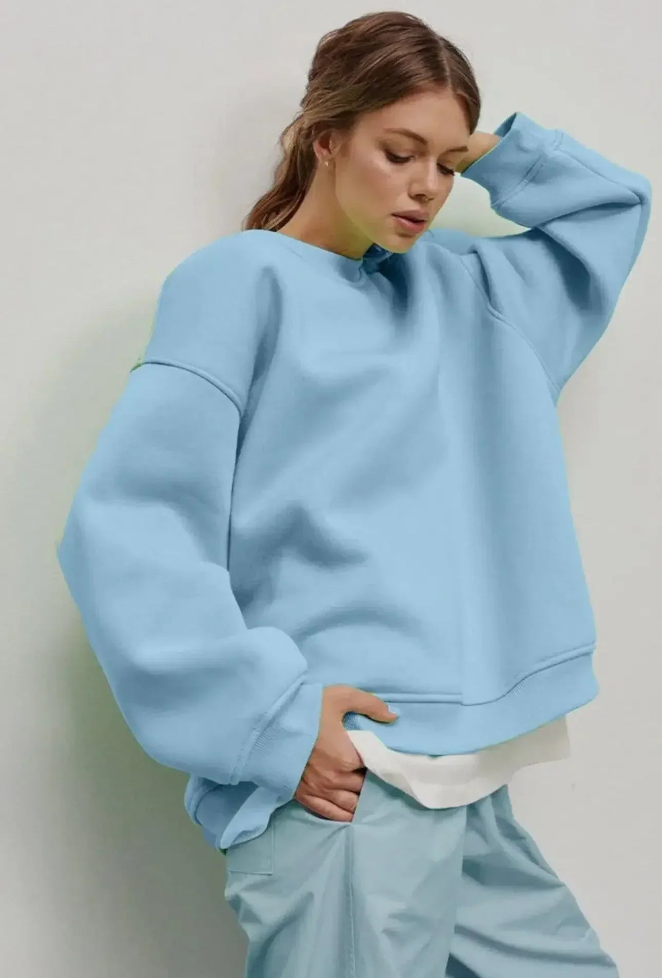 Round Neck Dropped Shoulder Long Sleeve Sweatshirt - DAVERRI FASHIONS