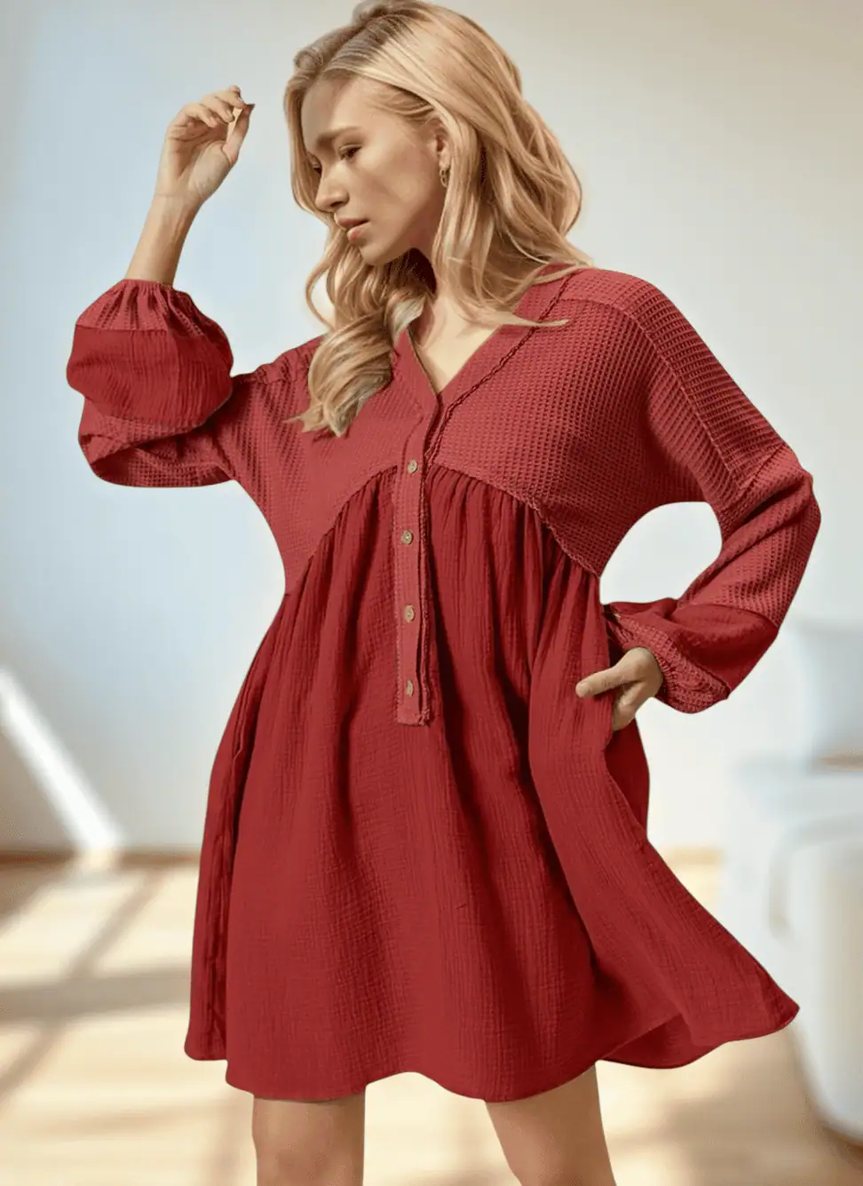 Double Take Waffle-Knit Contrast Half Button V-Neck Long Sleeve Mini Dress | Mini Dresses Daverri Fashions