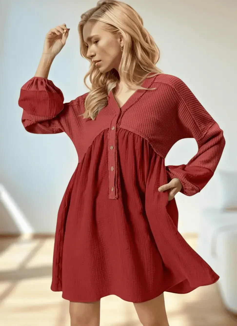 Double Take Waffle-Knit Contrast Half Button V-Neck Long Sleeve Mini Dress - DAVERRI FASHIONS