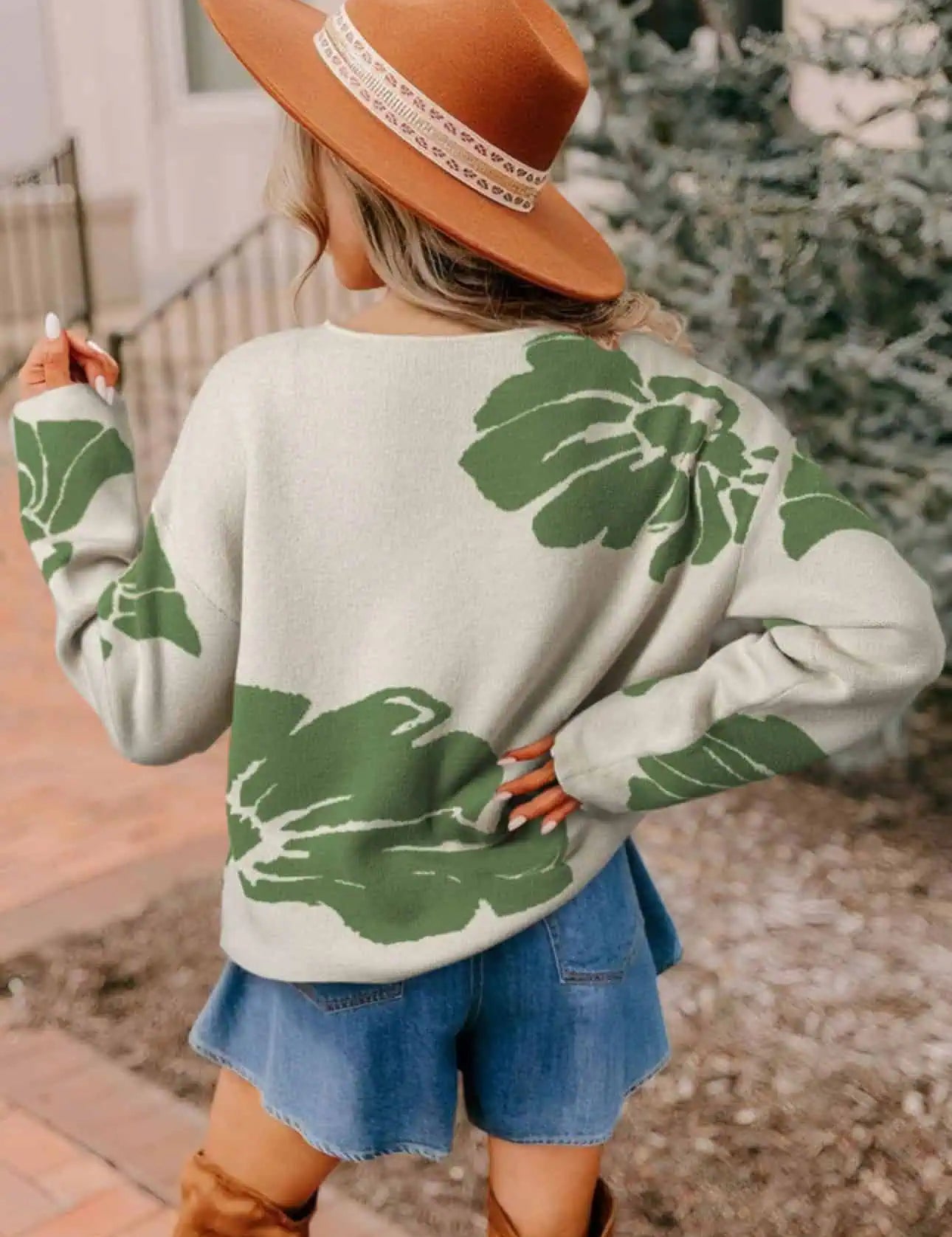 Leaf Round Neck Long Sleeve Sweater | Sweaters Daverri Fashions