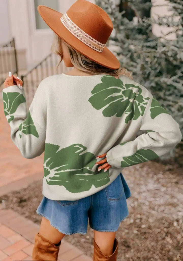Leaf Round Neck Long Sleeve Sweater | Sweaters Daverri Fashions