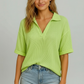 BiBi Mineral Washed Thermal Top lime green ribbed knit polo v-neck