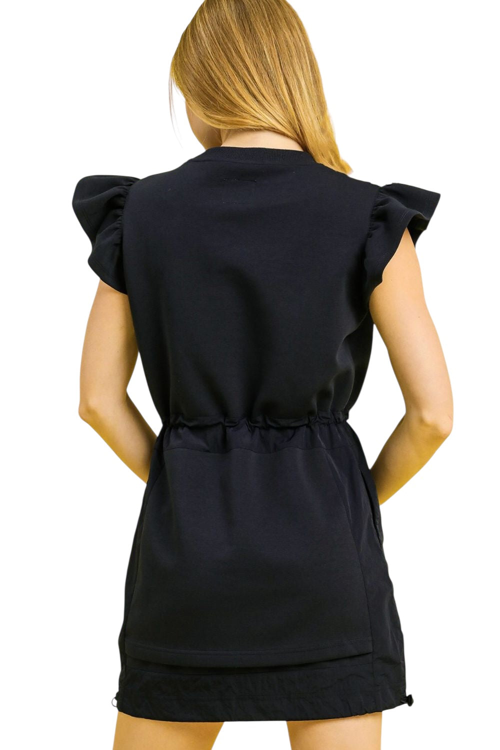 Umgee Luxe knit ruffle sleeve drawstring mini dress, black with cinched waist