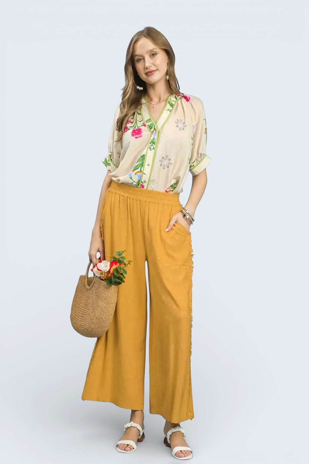 Umgee mustard yellow linen frayed side pocket wide-leg pants, relaxed fit