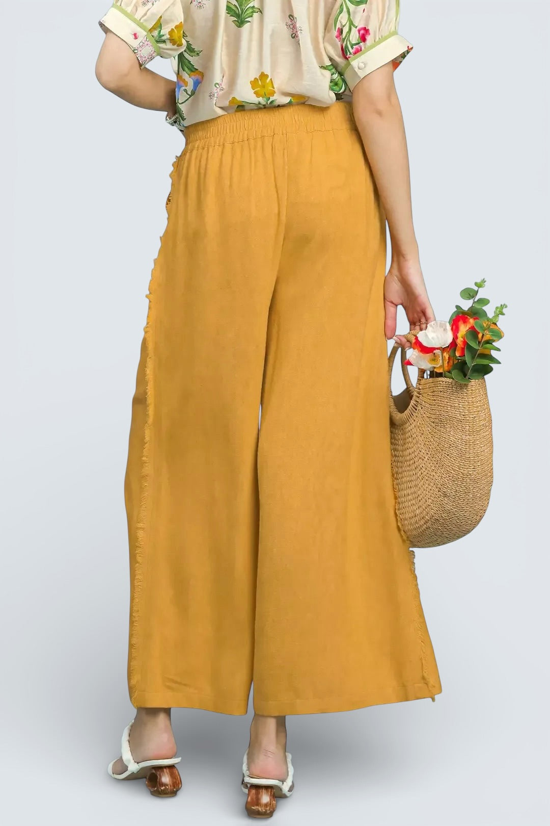 Umgee mustard-yellow linen frayed side pocket wide-leg pants