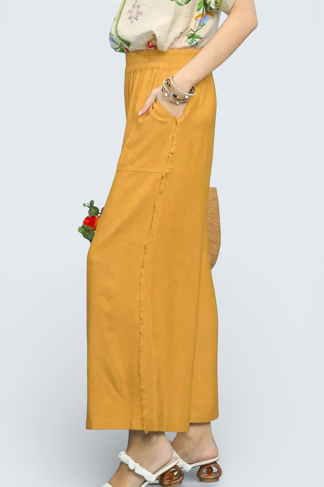 Umgee mustard-yellow linen frayed side pocket wide-leg pants, relaxed fit