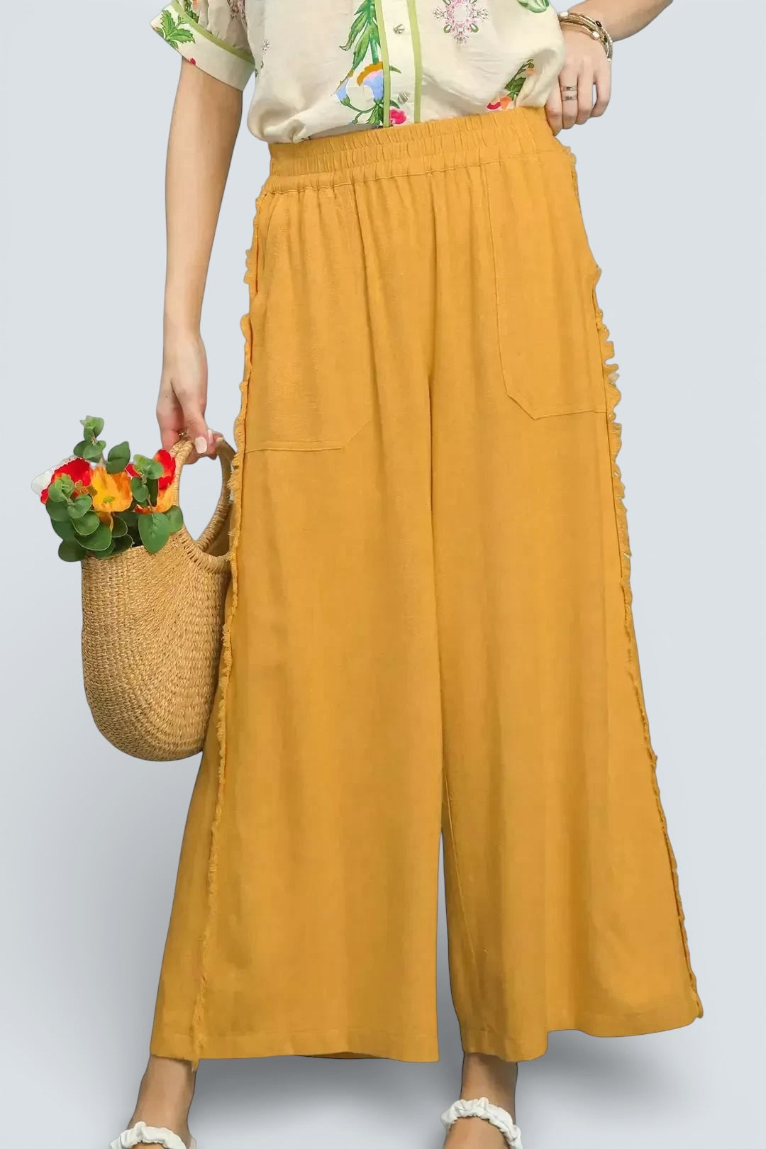 Umgee mustard yellow linen wide-leg pants with frayed ruffle sides and pockets