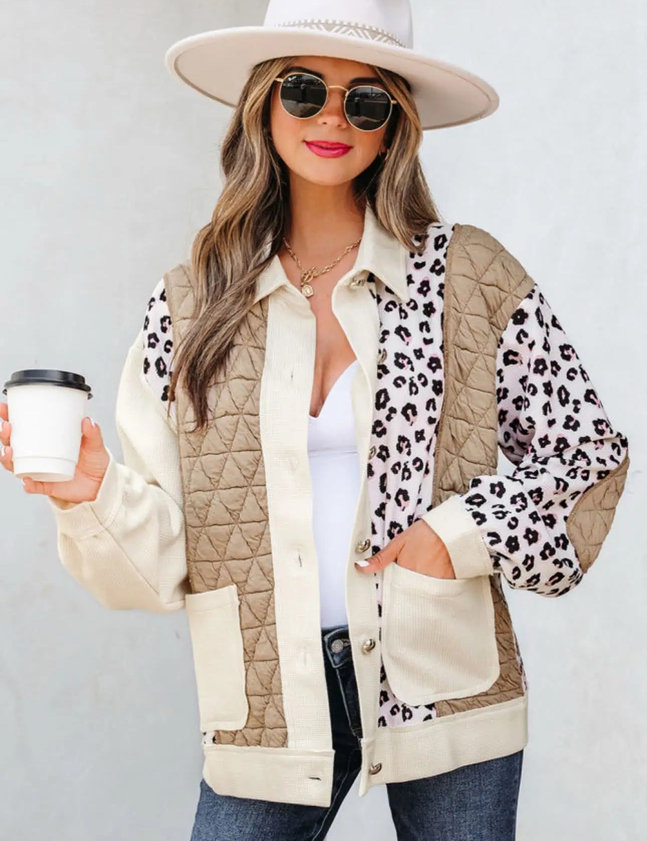 Leopard Waffle Quilted Patchwork Button Front Jacket | Jackets Daverri Fashions