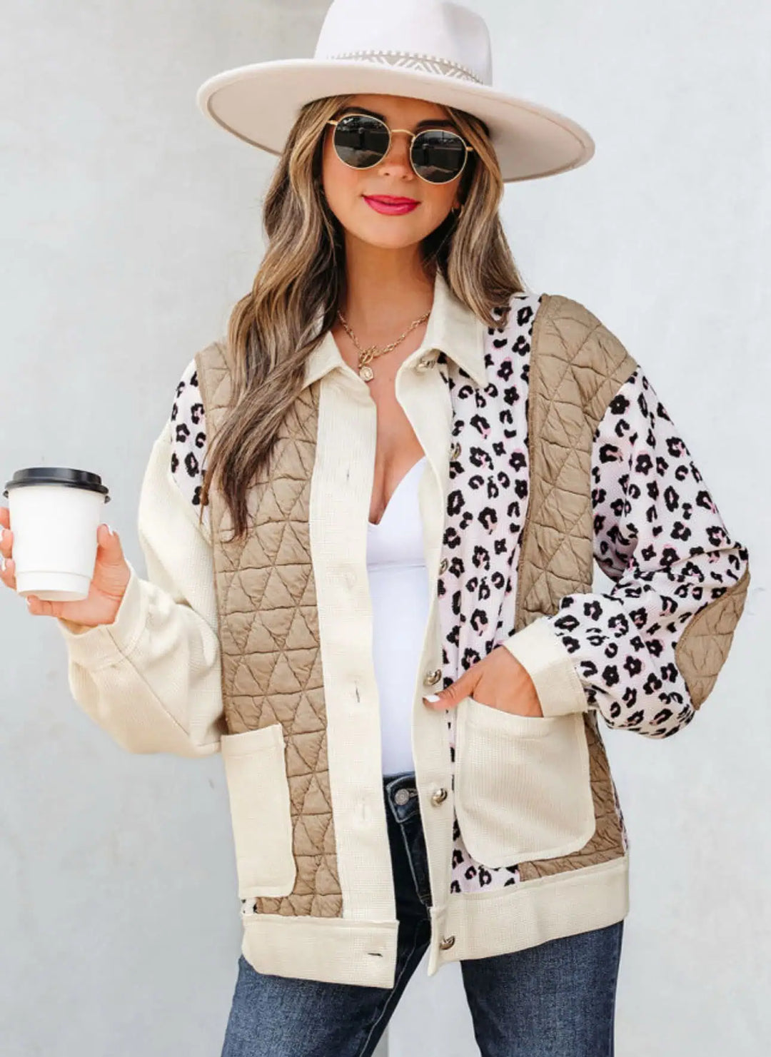 Leopard Waffle Quilted Patchwork Button Front Jacket | Jackets Daverri Fashions