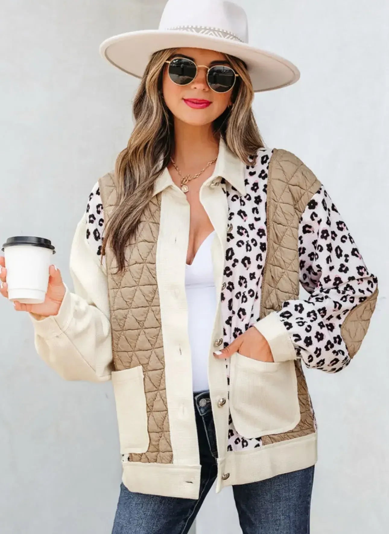 Leopard Waffle Quilted Patchwork Button Front Jacket - DAVERRI FASHIONS