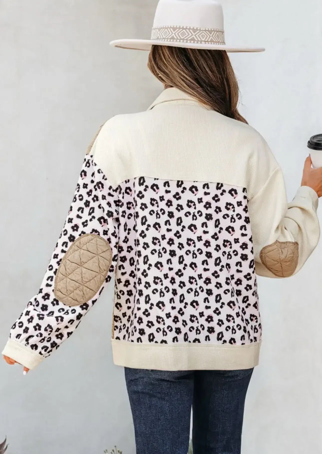 Leopard Waffle Quilted Patchwork Button Front Jacket - DAVERRI FASHIONS