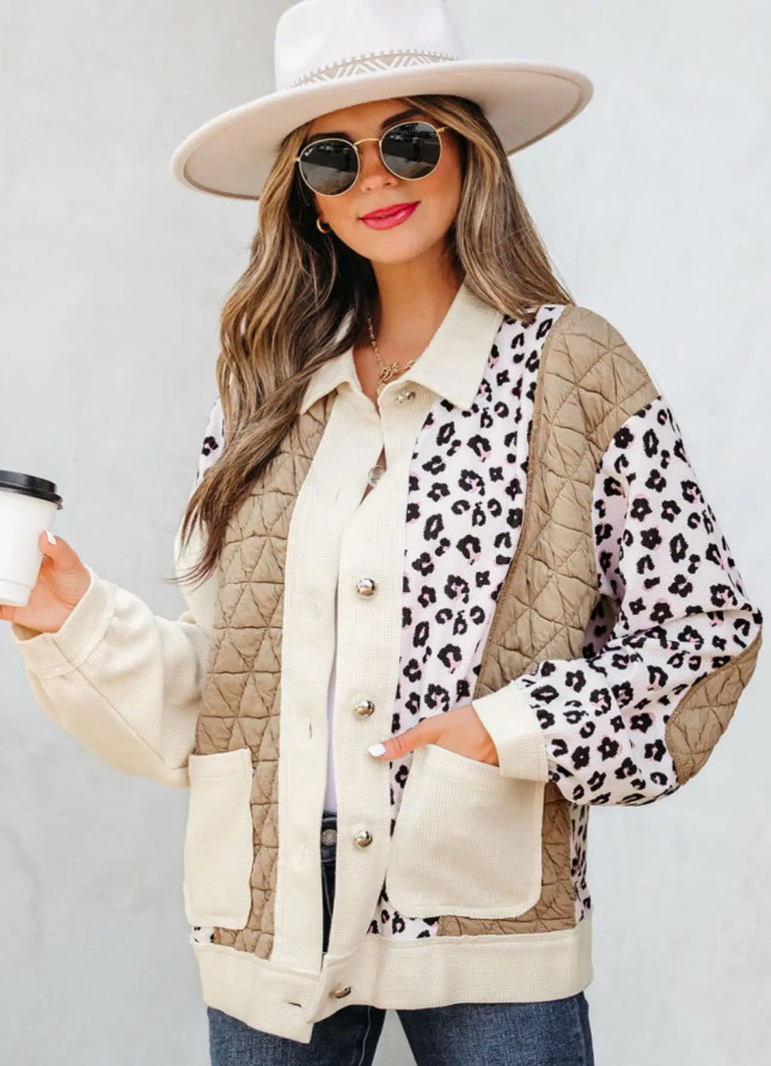 Leopard Waffle Quilted Patchwork Button Front Jacket | Jackets Daverri Fashions