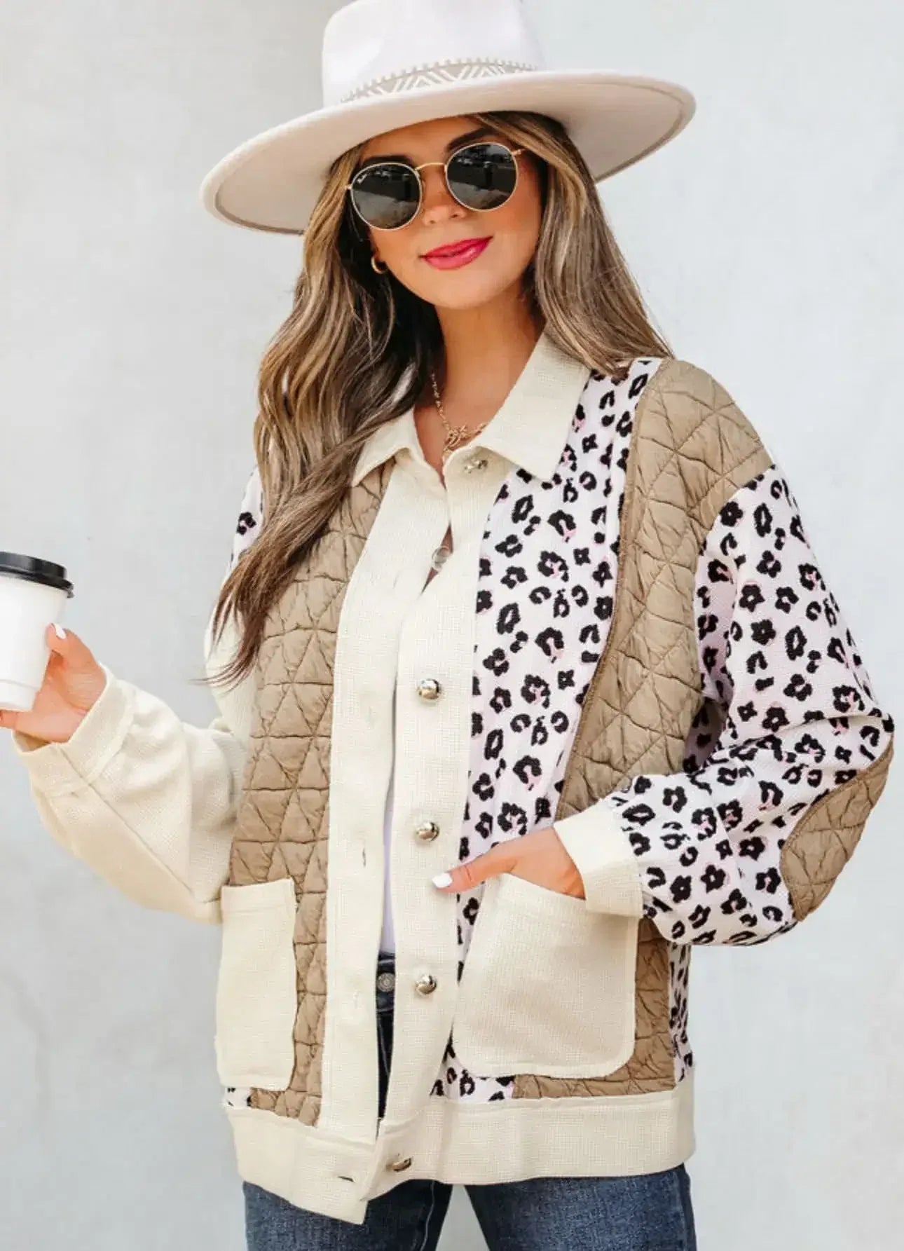 Leopard Waffle Quilted Patchwork Button Front Jacket - DAVERRI FASHIONS