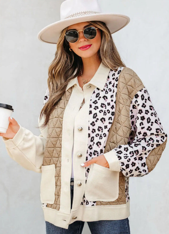 Leopard Waffle Quilted Patchwork Button Front Jacket | Jackets Daverri Fashions