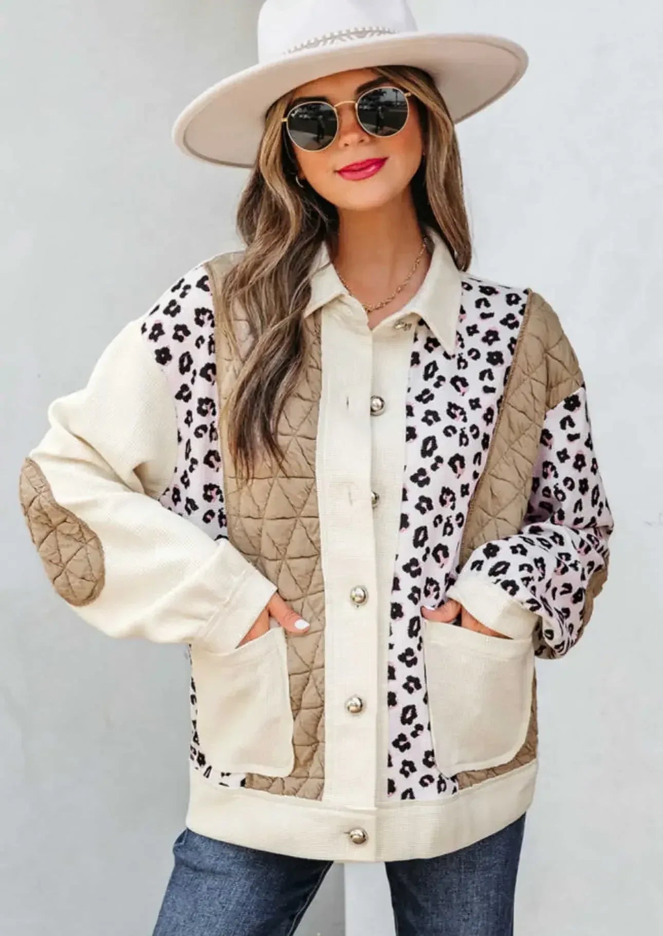 Leopard Waffle Quilted Patchwork Button Front Jacket - DAVERRI FASHIONS