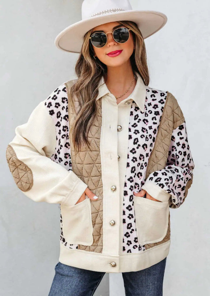 Leopard Waffle Quilted Patchwork Button Front Jacket | Jackets Daverri Fashions