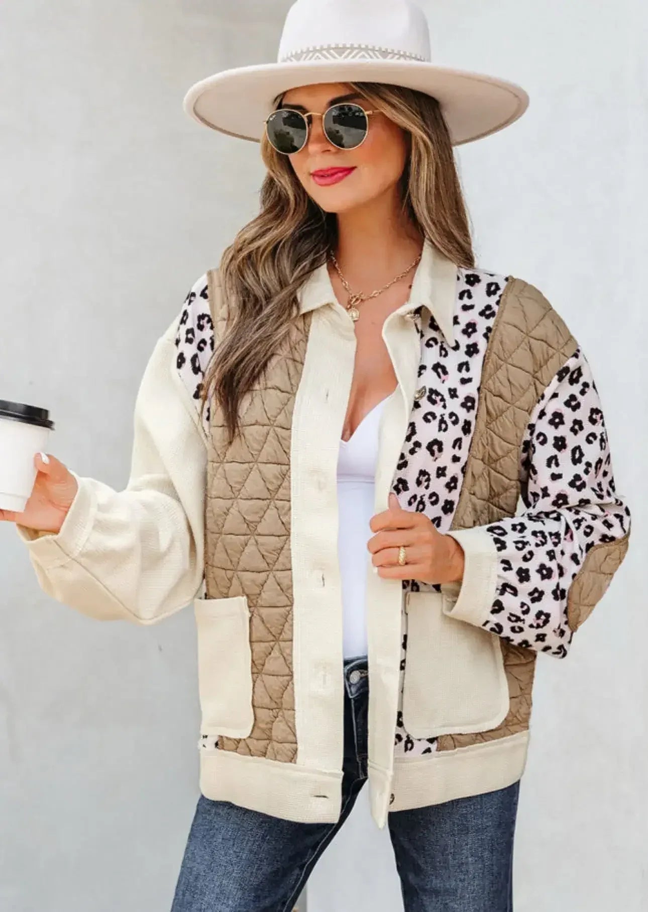 Leopard Waffle Quilted Patchwork Button Front Jacket - DAVERRI FASHIONS