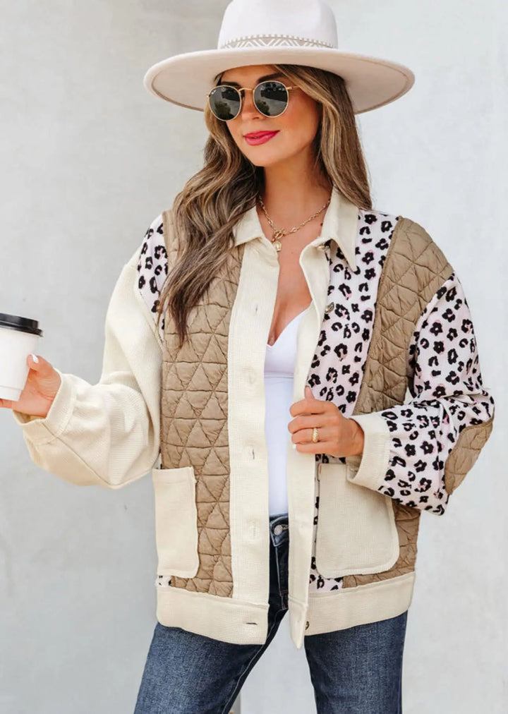 Leopard Waffle Quilted Patchwork Button Front Jacket | Jackets Daverri Fashions