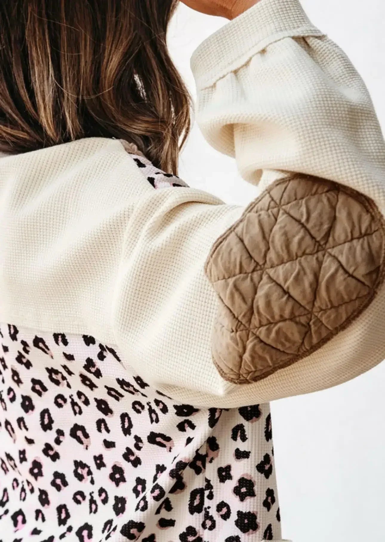 Leopard Waffle Quilted Patchwork Button Front Jacket - DAVERRI FASHIONS