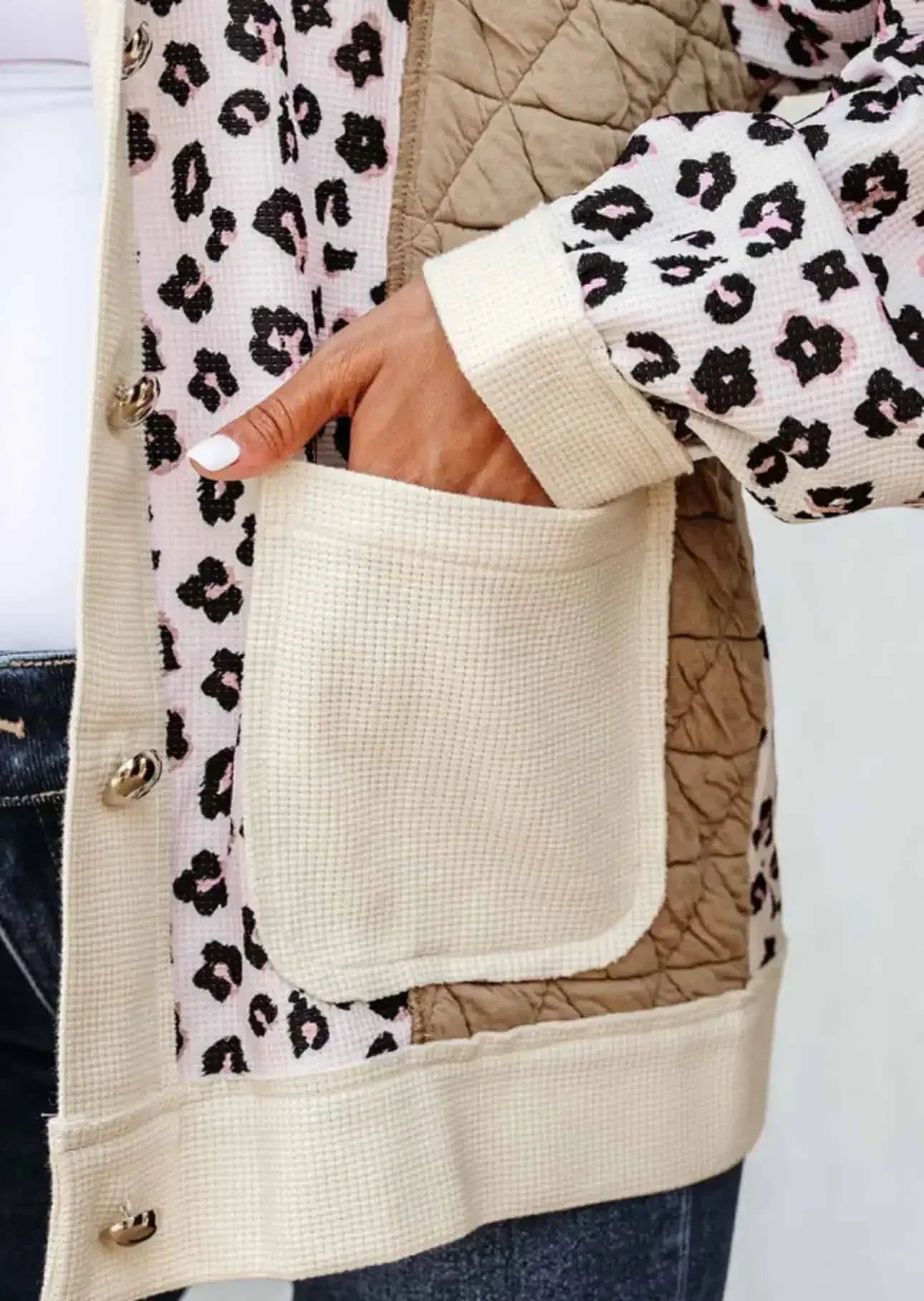 Leopard Waffle Quilted Patchwork Button Front Jacket - DAVERRI FASHIONS