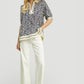 Umgee Geometric Leaf Print Popover Top with navy white blouse lace trim