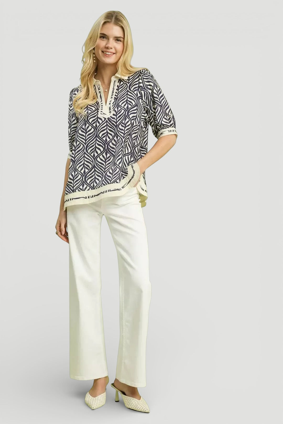 Umgee Geometric Leaf Print Popover Top with navy white blouse lace trim
