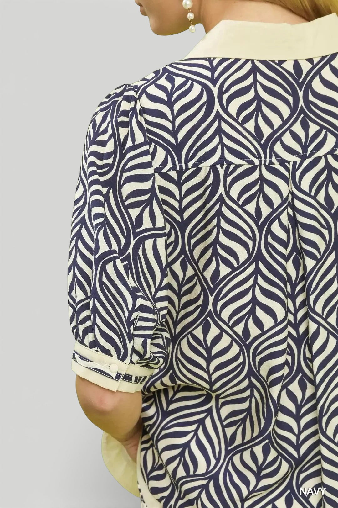 Umgee Geometric Leaf Print Popover Top navy cream leaf blouse rolled cuffs