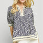 Umgee Geometric Leaf Print Popover Top in navy cream leaf blouse