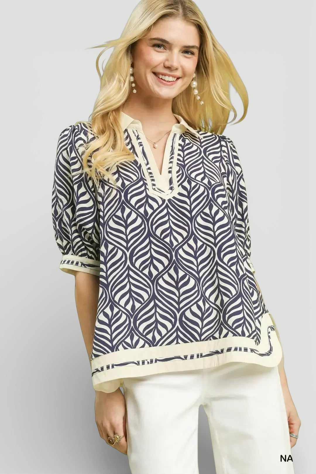 Umgee Geometric Leaf Print Popover Top in navy cream leaf blouse