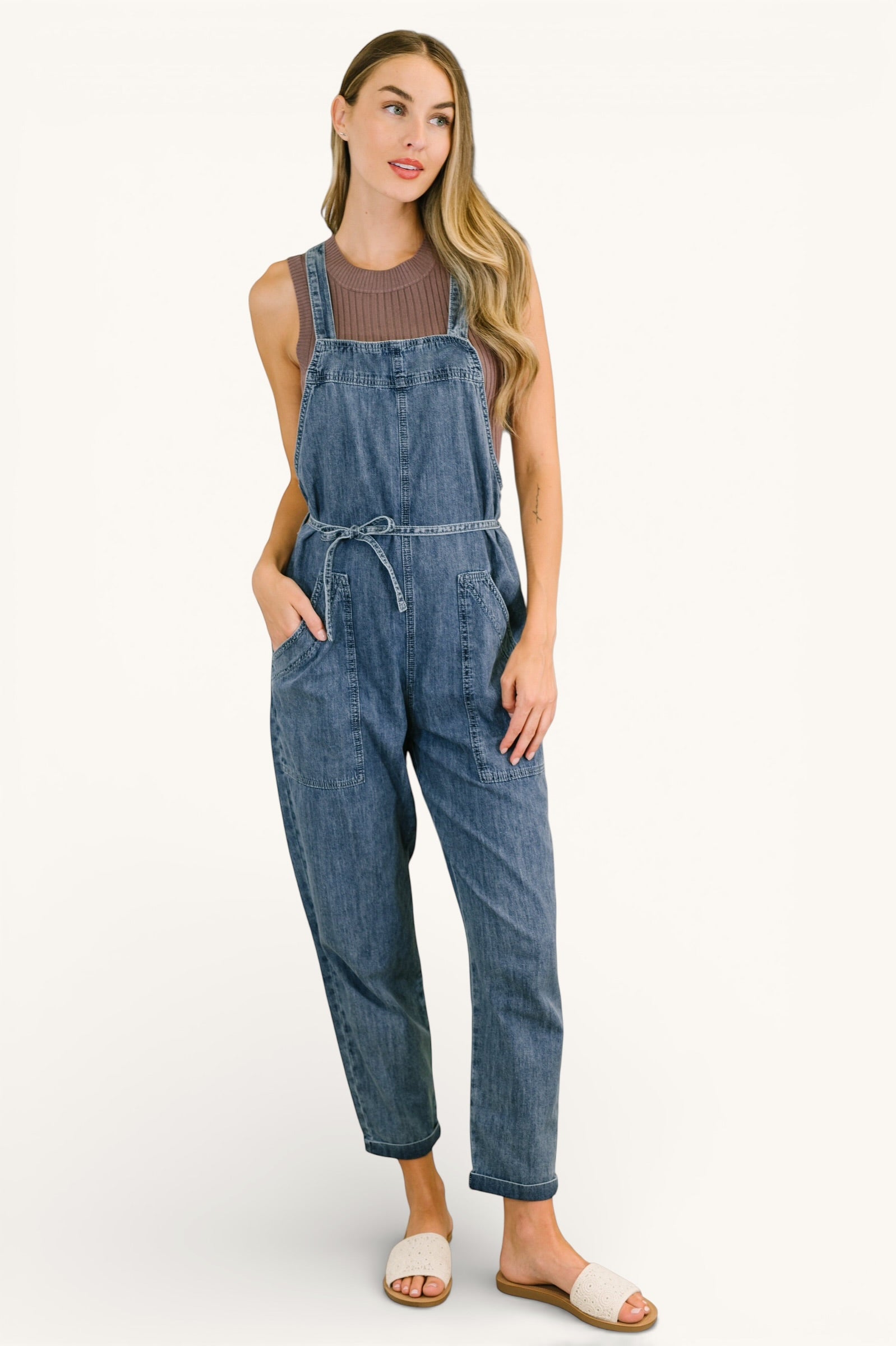 Too Cute to Compute dark blue denim waist tie overalls with front pockets
