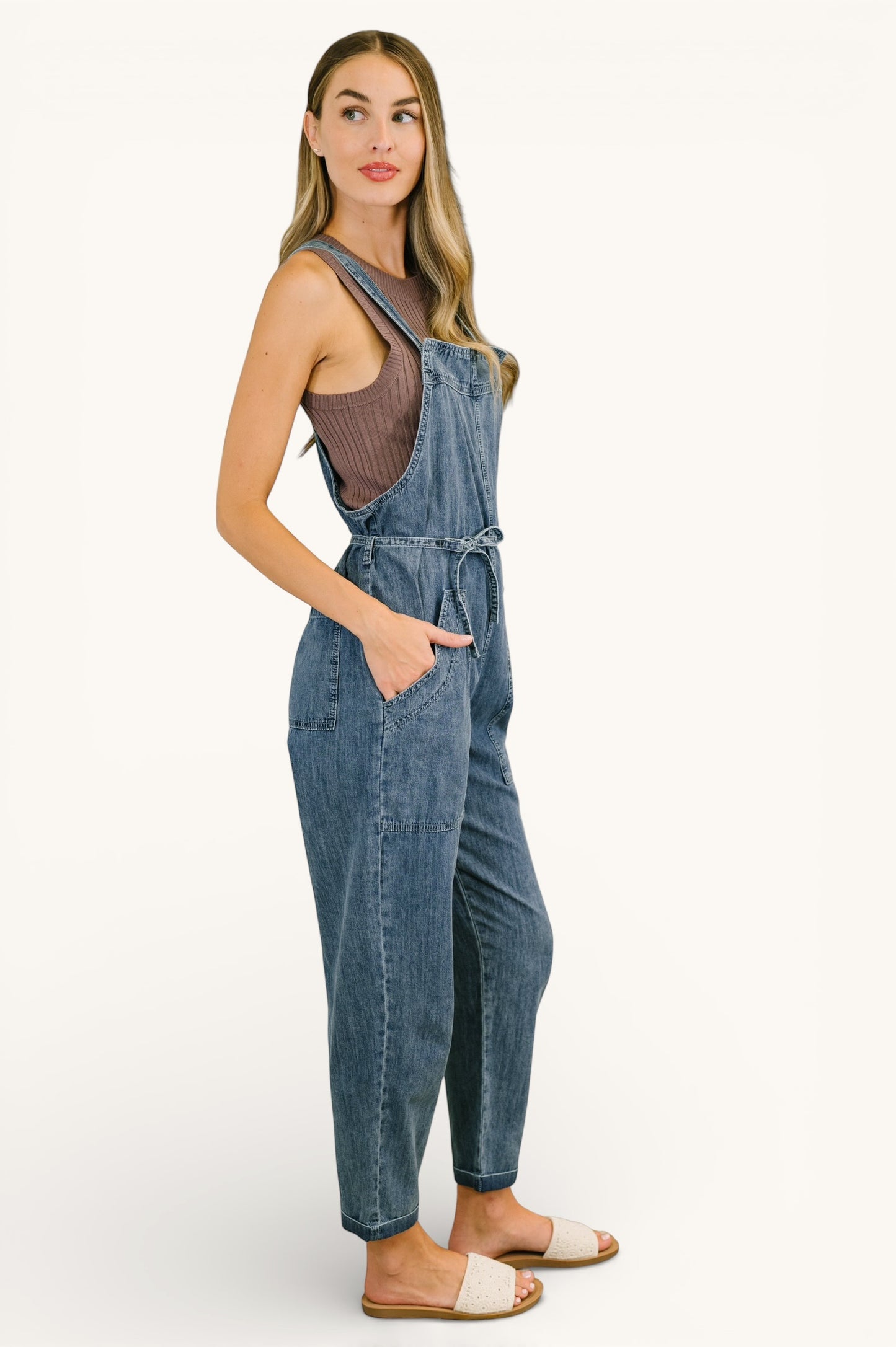 Too Cute to Compute dark blue denim overalls with drawstring waist and front pockets