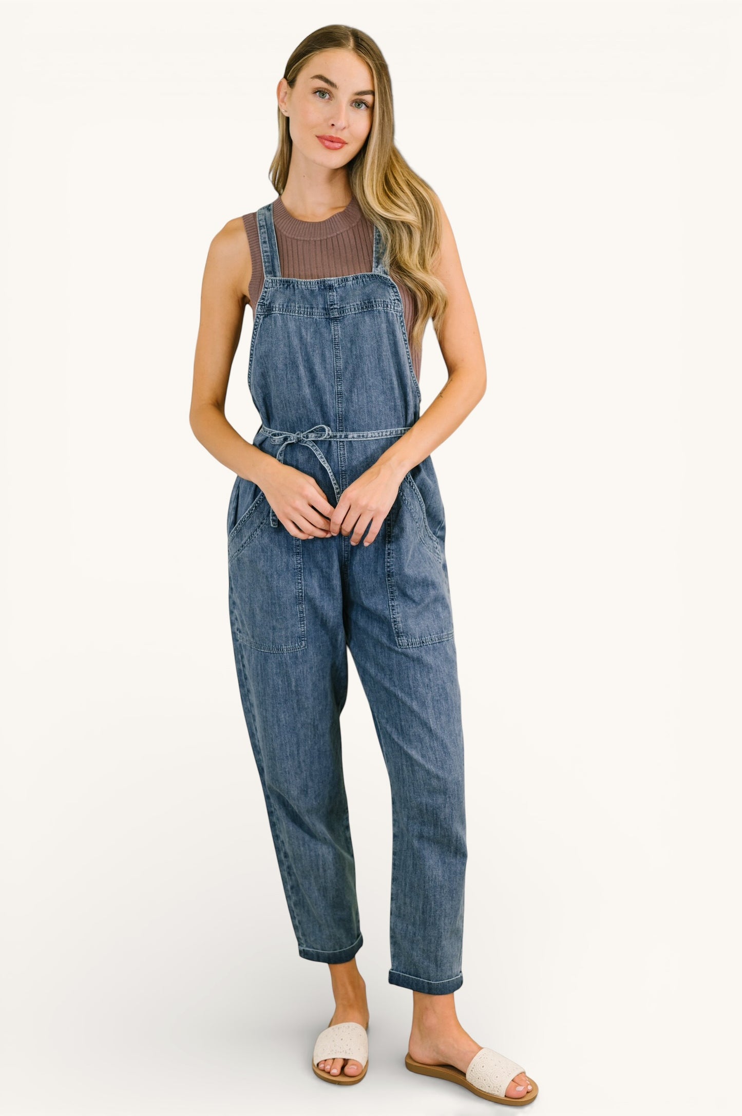 Too Cute to Compute dark blue denim overalls with drawstring waist and front pockets