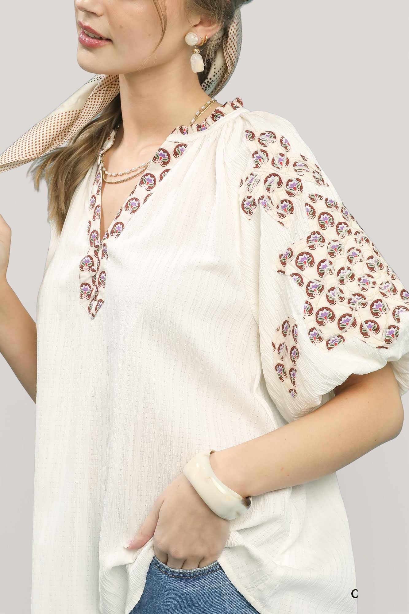 Umgee embroidered sleeve contrast trim top, white bohemian with purple brown patterns