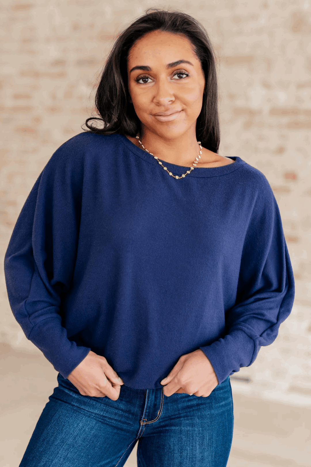 Batwing Sleeve Boatneck Top in Navy Shirts & Tops