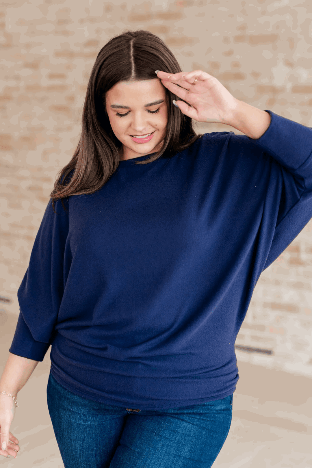 Batwing Sleeve Boatneck Top in Navy Navy Shirts & Tops