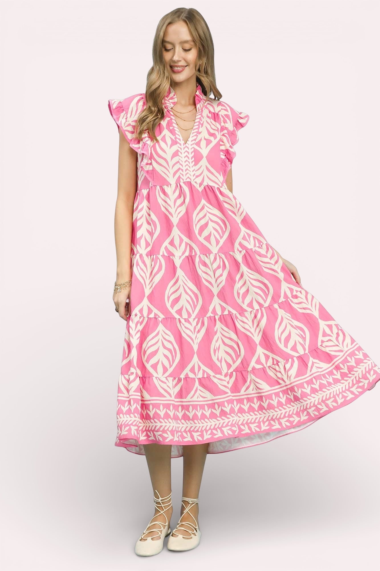 Umgee Leaf Print Tiered Midi Dress with Pockets, pink white leaf pattern