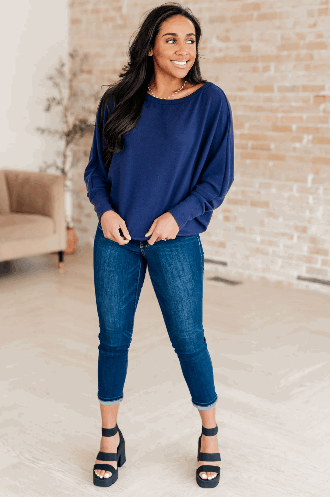 Batwing Sleeve Boatneck Top in Navy Shirts & Tops