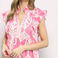 Umgee Leaf Print Tiered Midi Dress with Pockets, pink and white leaf pattern