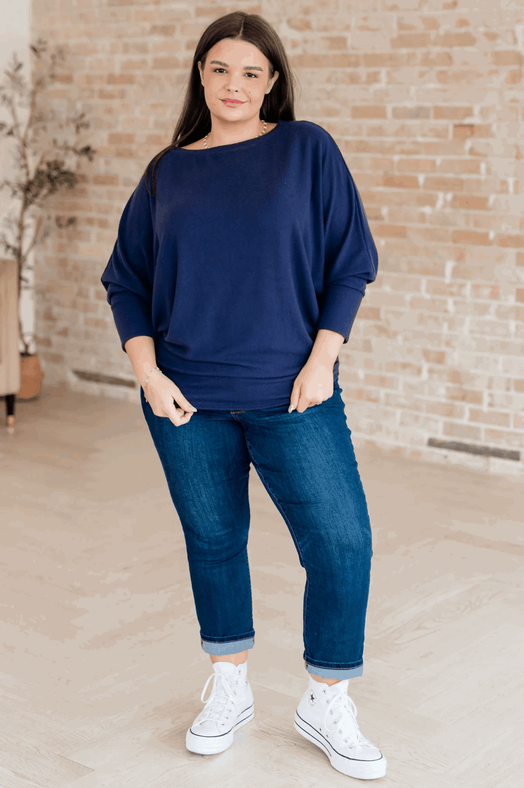 Batwing Sleeve Boatneck Top in Navy Shirts & Tops