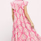Umgee Leaf Print Tiered Midi Dress with Pockets, pink and white leaf pattern