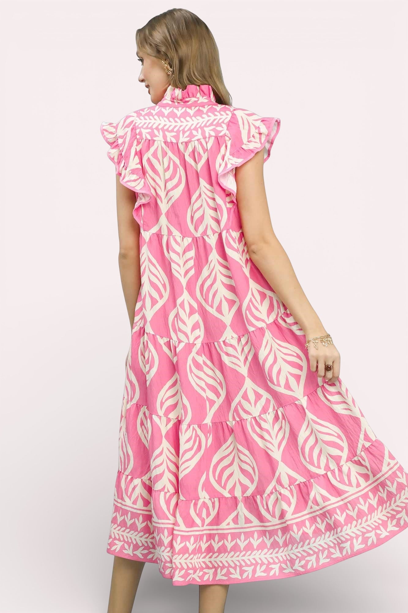 Umgee Leaf Print Tiered Midi Dress with Pockets, pink and white leaf pattern